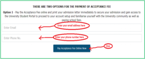 ABUAD acceptance fee amount and payment procedure