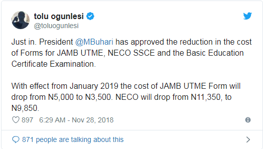 FG Approves Reduction in Cost of JAMB, NECO Forms