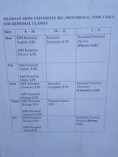 NAUB Remedial Programme Lecture Timetable