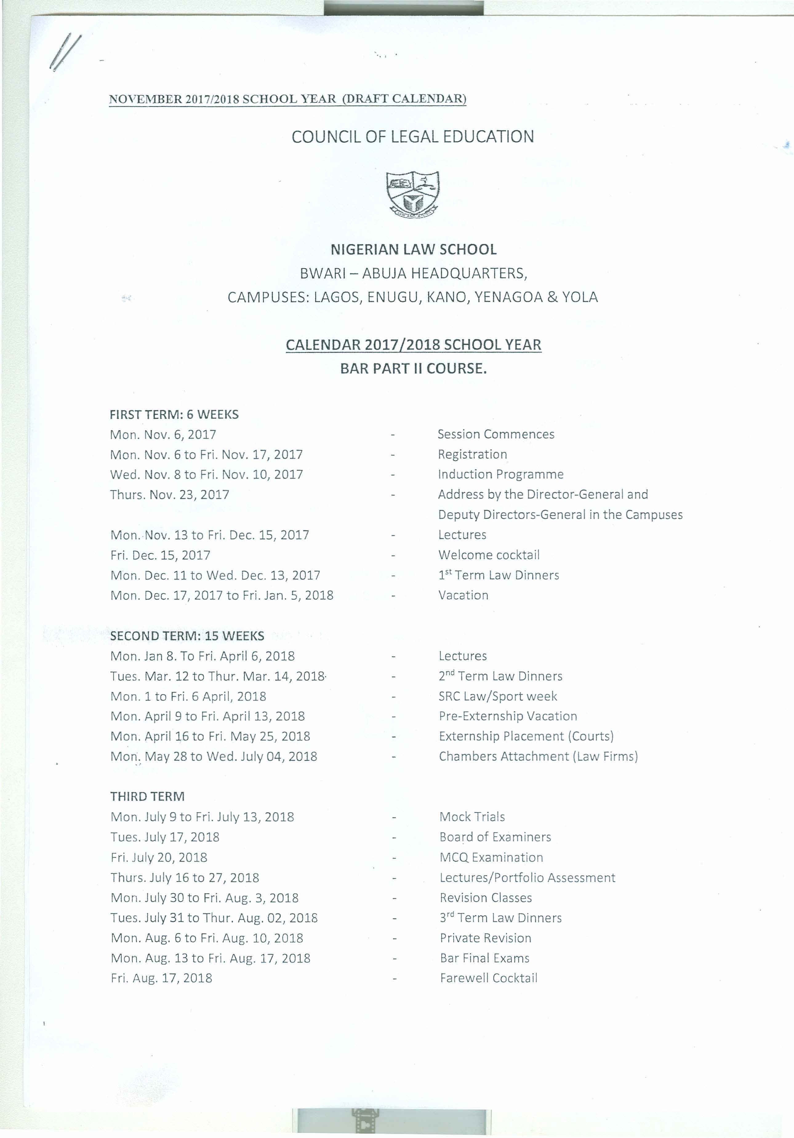 Nigerian Law School Academic Calendar