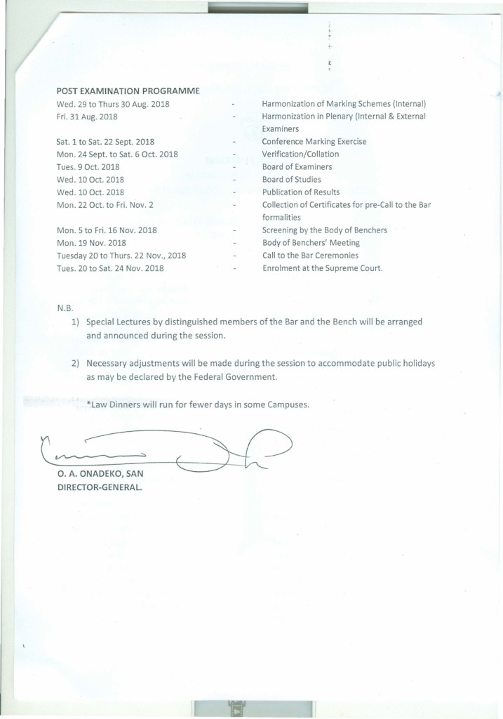 Nigerian Law School Academic Calendar Bar Part II November 2017/2018