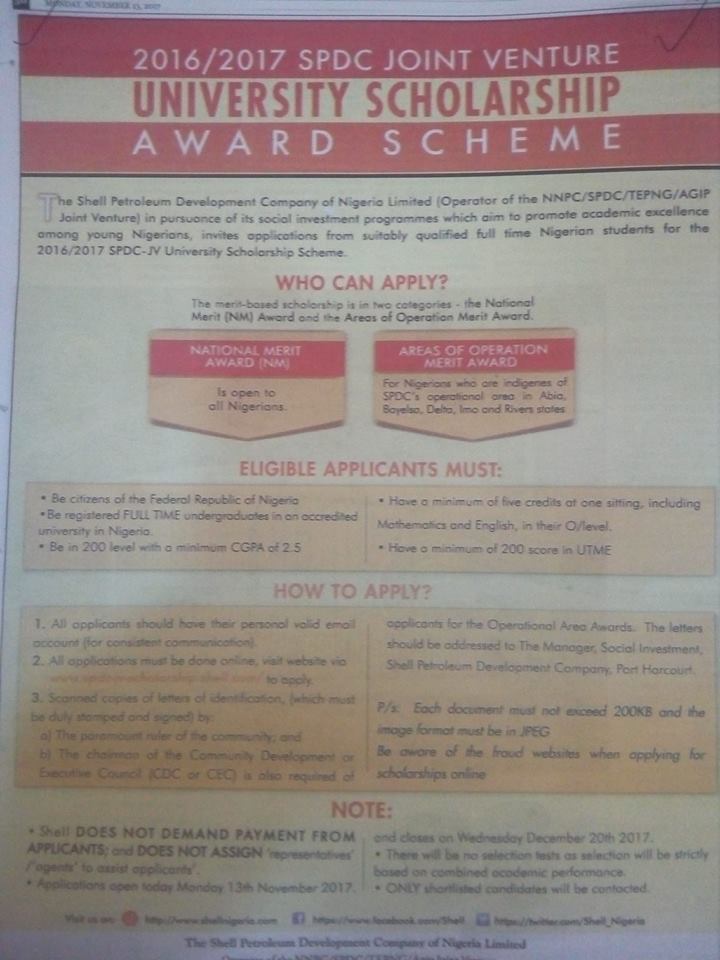 Shell SPDC Joint Venture University Scholarship Scheme Application for the 2017/2018 Session Has Commenced.