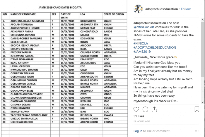 Singer Niniola Buys JAMB Forms