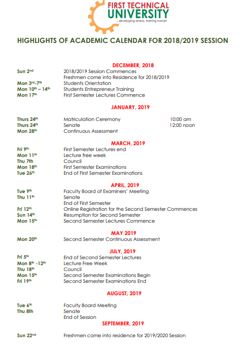 Technical University Ibadan Academic Calendar