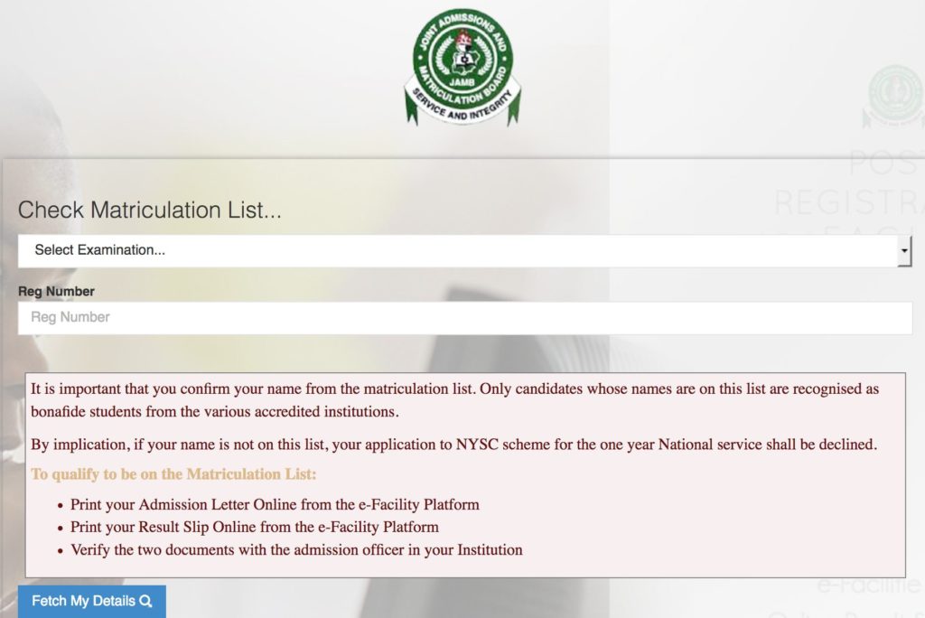 JAMB Matriculation List